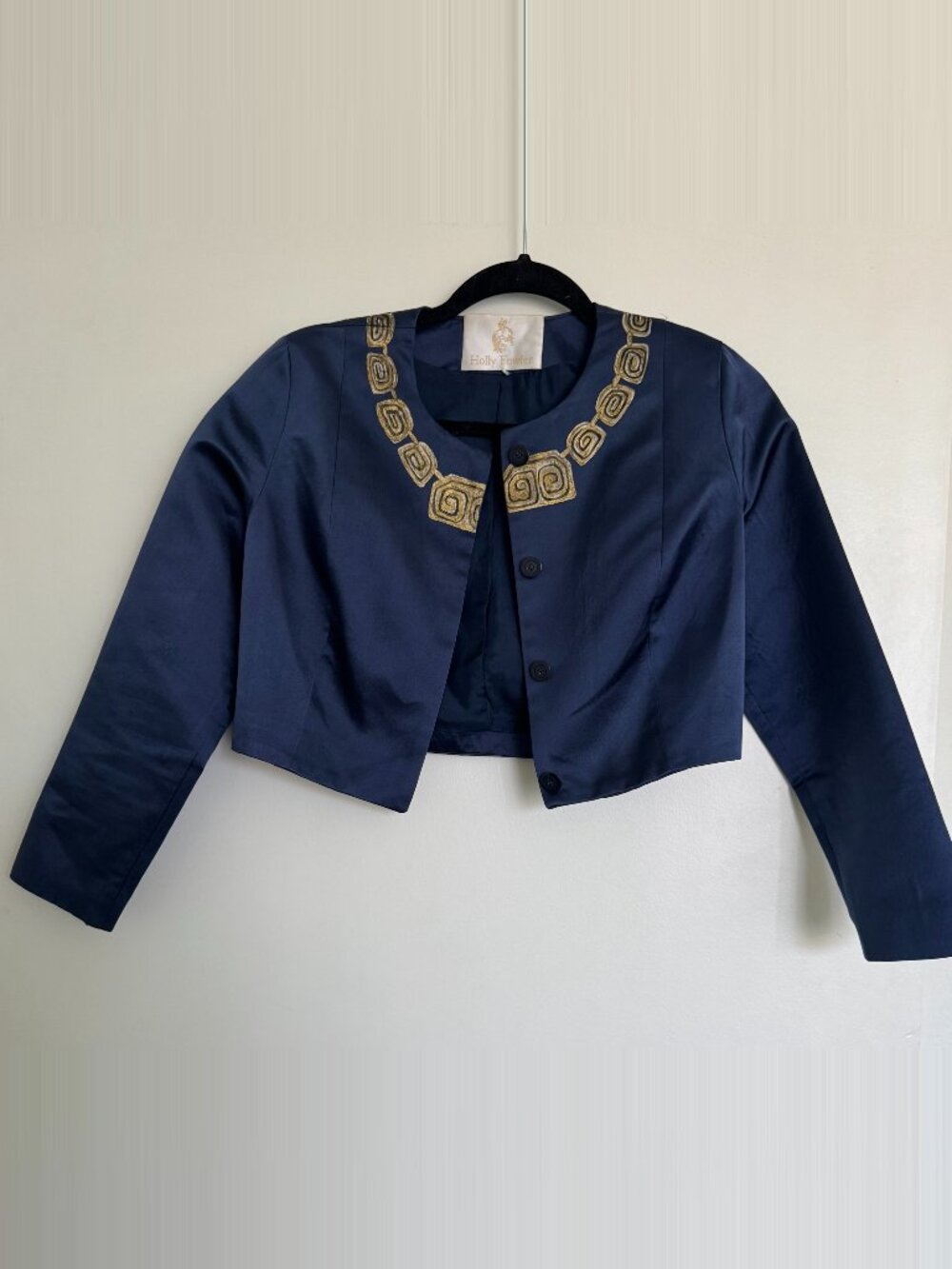 Holly Fowler Hand Painted Gold Necklace Navy Satin Cropped Jacket Trompe l'Oeil